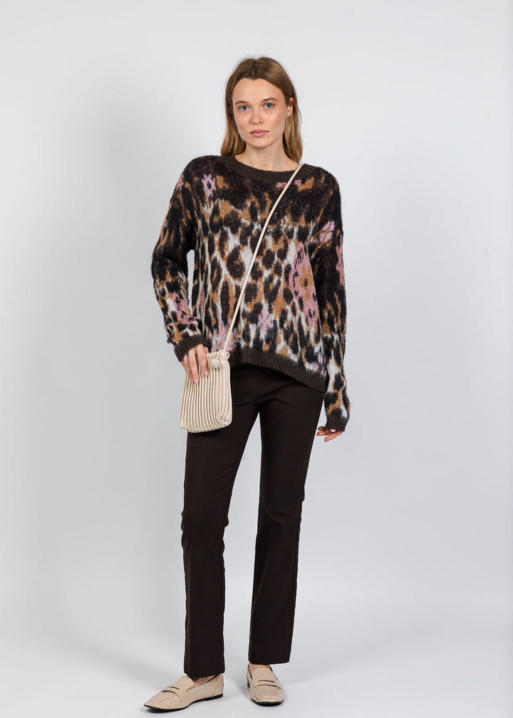 Elliott Lauren Animal Brushed Jacquard Sweater in Brown Multi paired with Elliott Lauren Control Stretch Bootcut Pant in Chocolate available at Barbara Katz