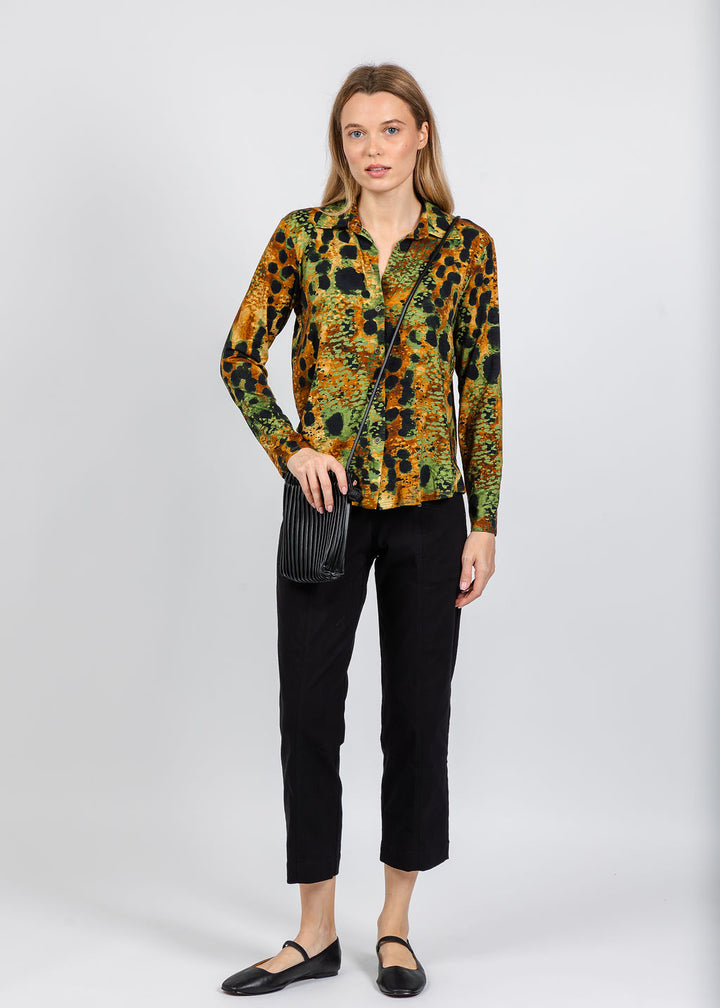 Elliott Lauren Printed Knit Top in Lava  paired with Elliott Lauren Control Stretch Cargo Pant in Black available at Barbara Katz