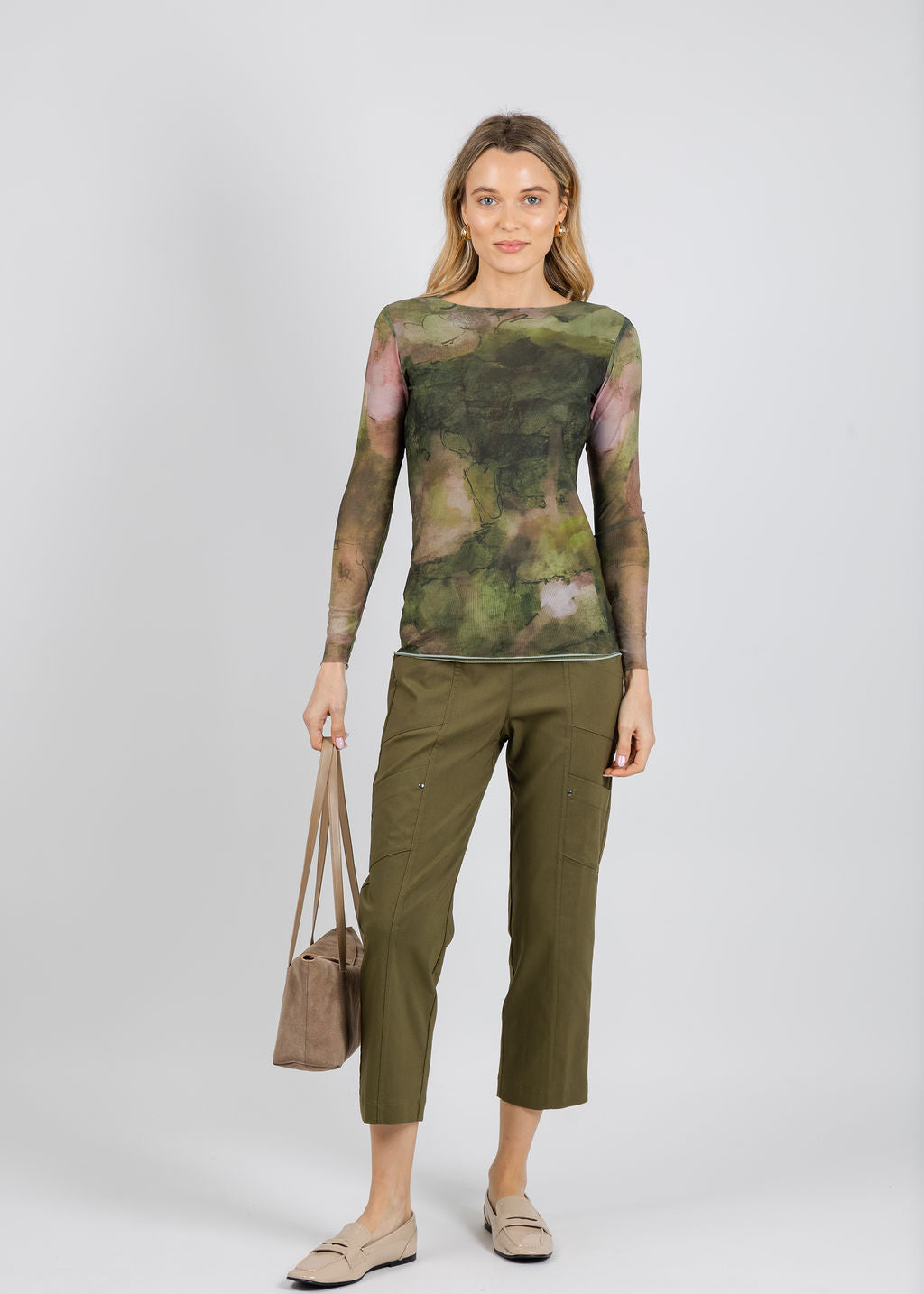 AMB Florence Double Sheer Top in Moss Eden paired with Elliott Lauren Control Stretch Cargo Pants in Olive available at Barbara Katz