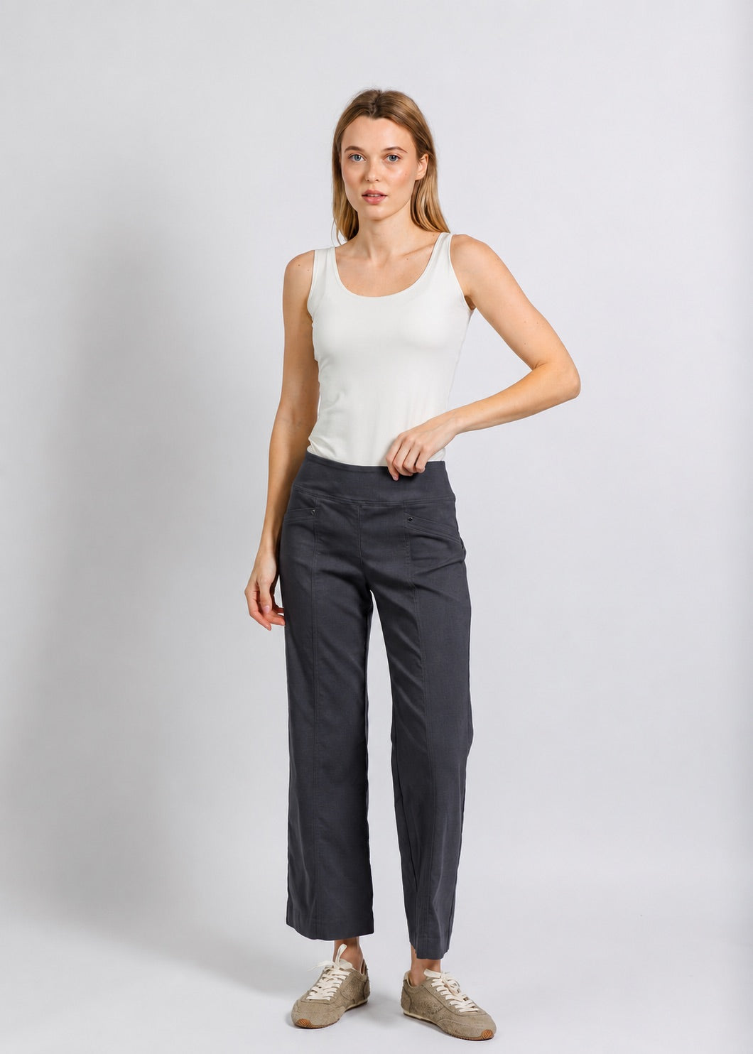 Elliott Lauren Control Stretch Wide Leg Pant With Grommet in Anthracite available at Barbara Katz