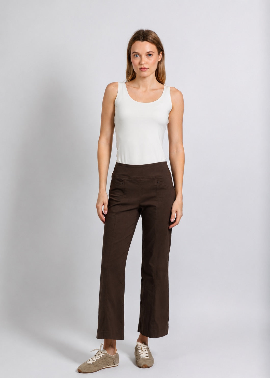 Elliott Lauren Control Stretch Wide Leg Pant With Grommet in Chocolate available at Barbara Katz