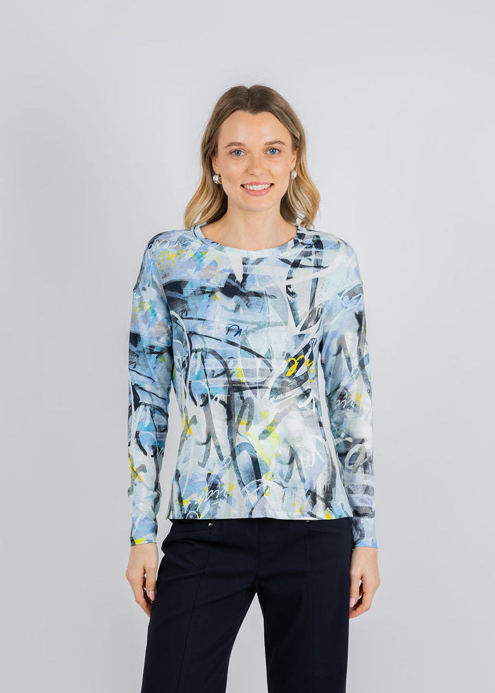 Elliott Lauren Collage Crew Neck Long Sleeve Top in Blue available at Barbara Katz