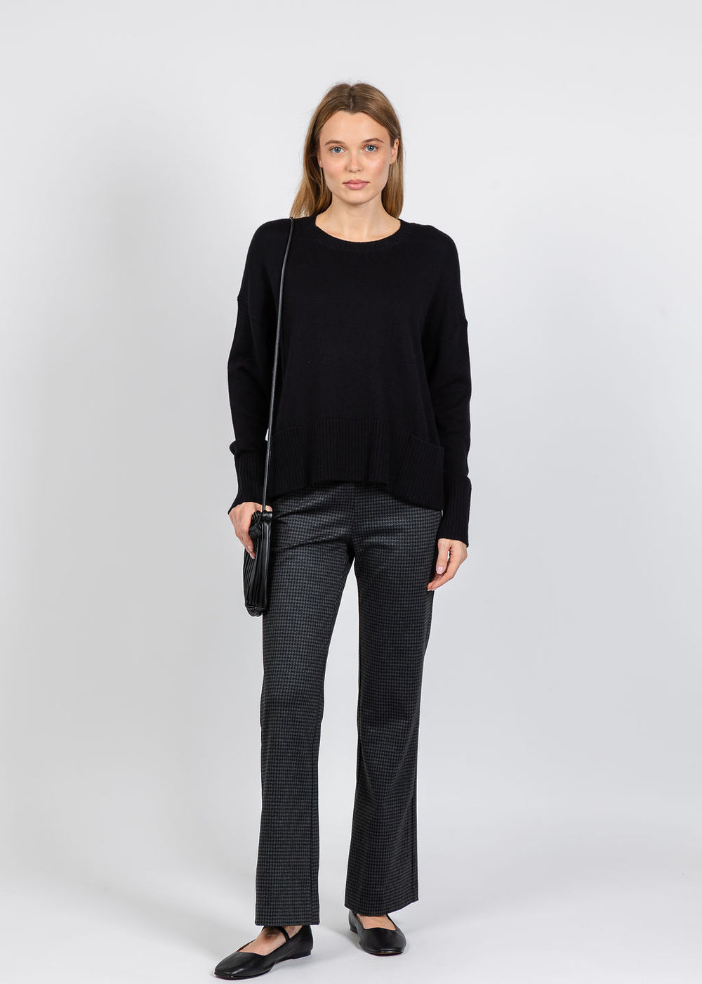 Elliott Lauren Crew Neck Pocket Sweater in Black paired with Elliott Lauren Houndstooth Pant in Black available at Barbara Katz