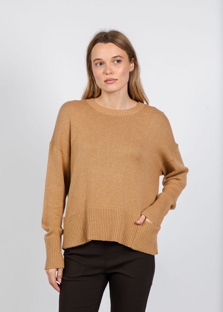Elliott Lauren Crew Neck Pocket Sweater in Camel available at Barbara Katz