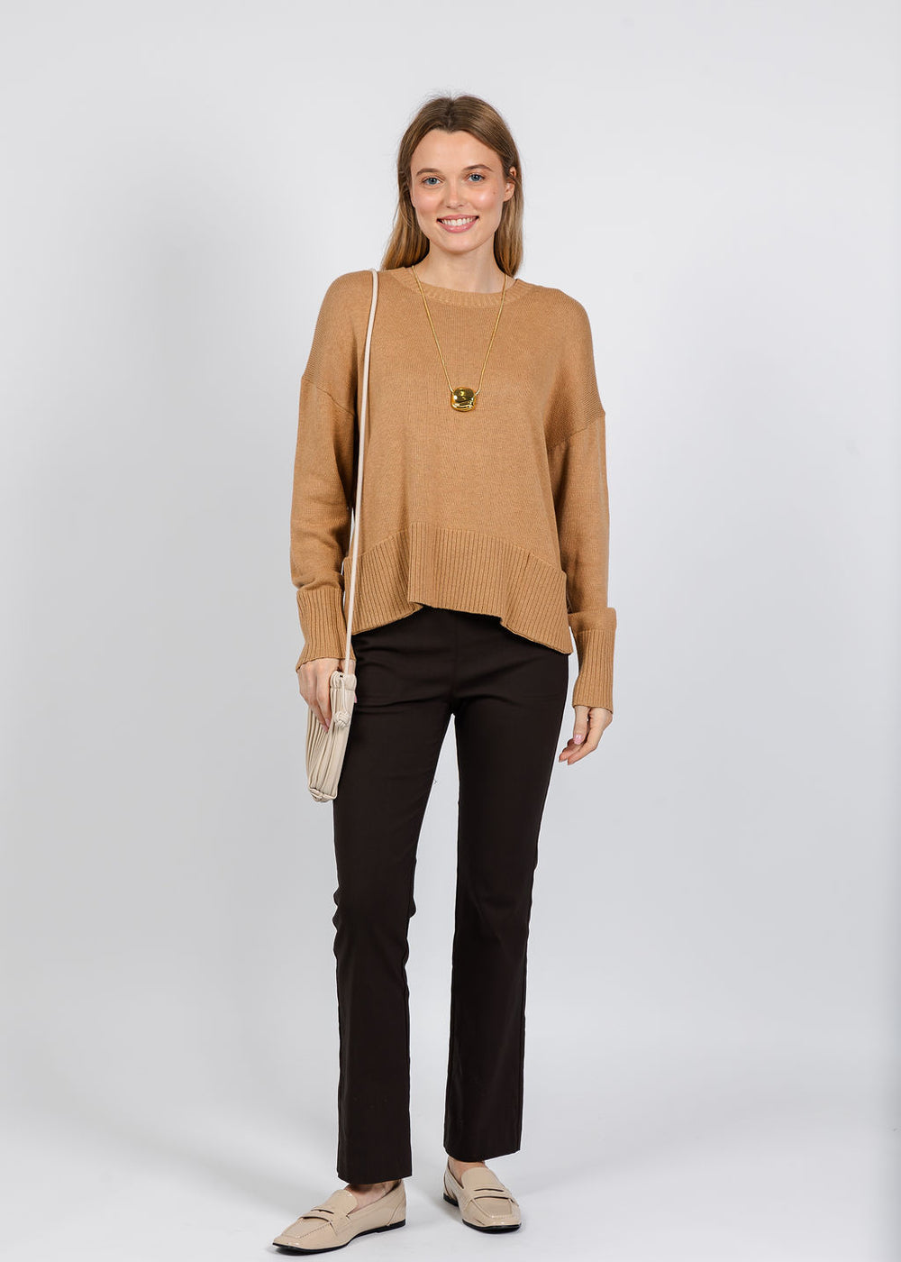 Elliott Lauren Crew Neck Pocket Sweater in Camel available at Barbara Katz