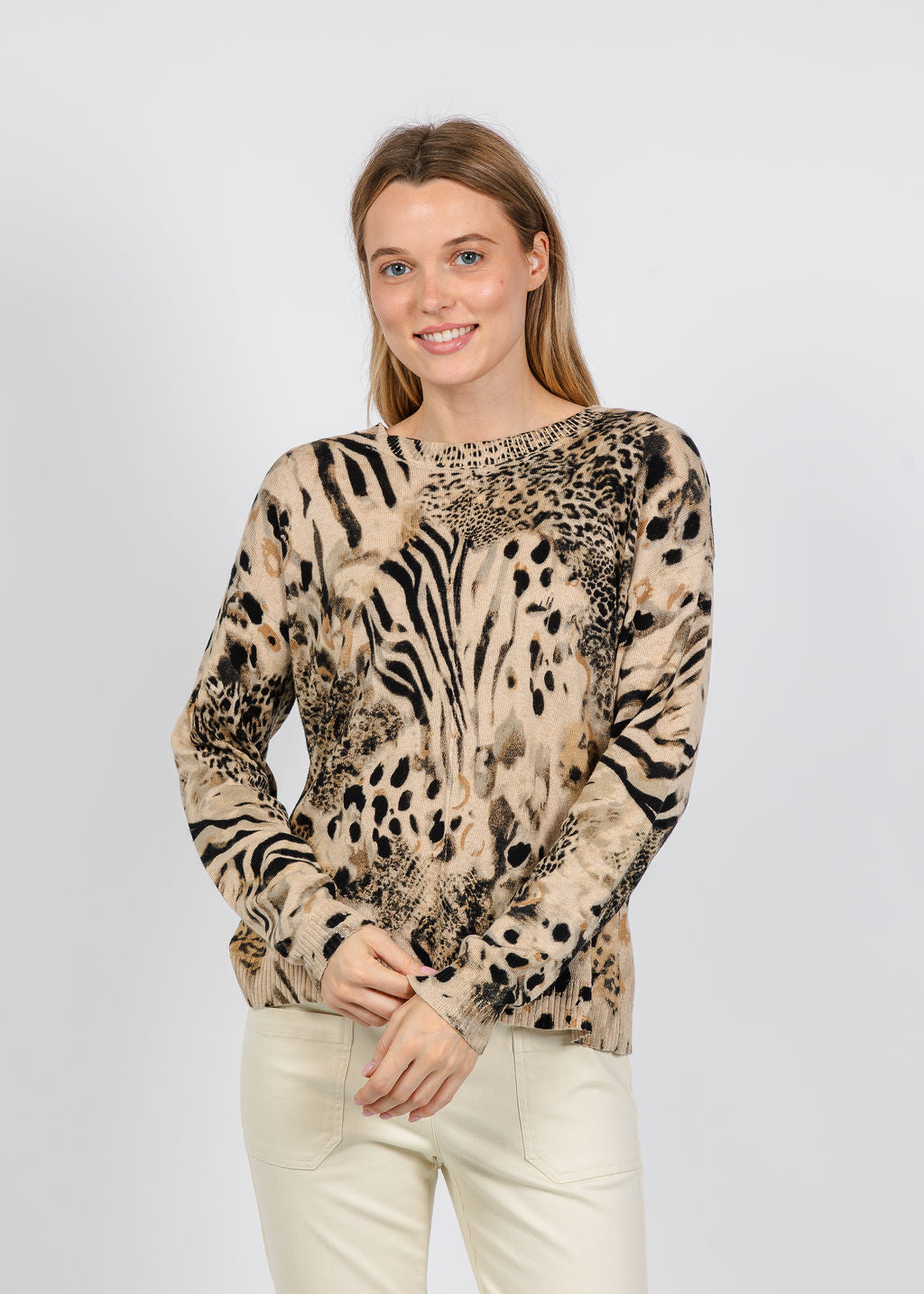 Elliott Lauren Crew Neck Printed Sweater in Beige available at Barbara Katz
