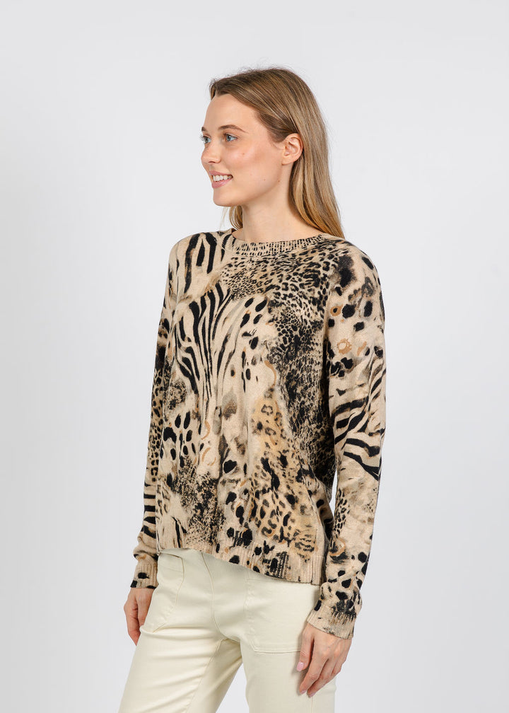 Elliott Lauren Crew Neck Printed Sweater in Beige available at Barbara Katz