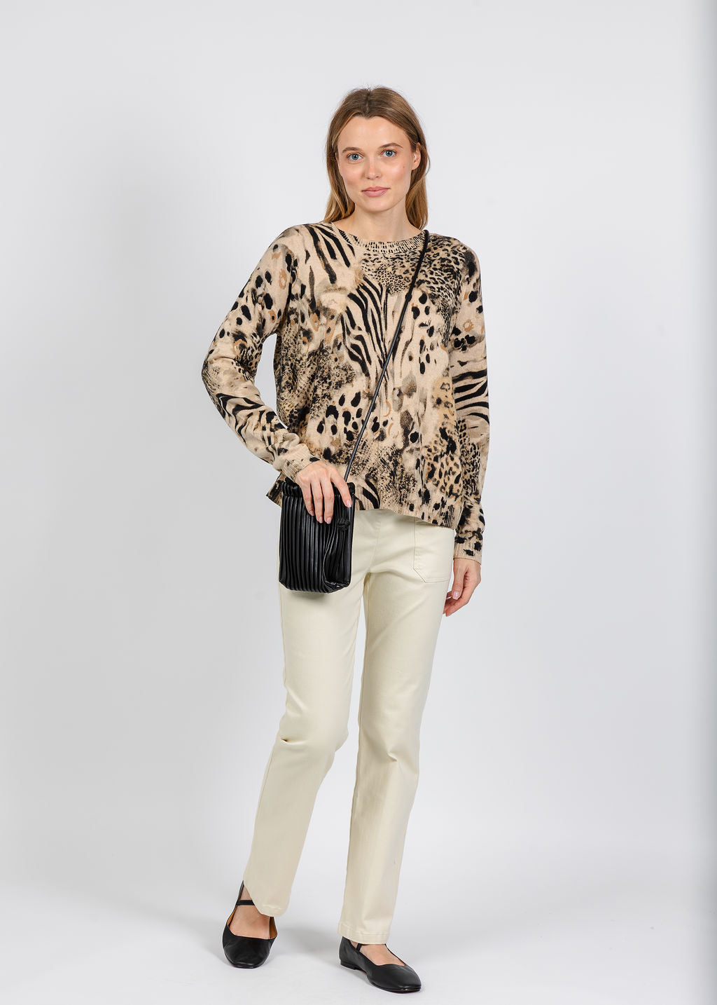 Elliott Lauren Crew Neck Printed Sweater in Beige available at Barbara Katz