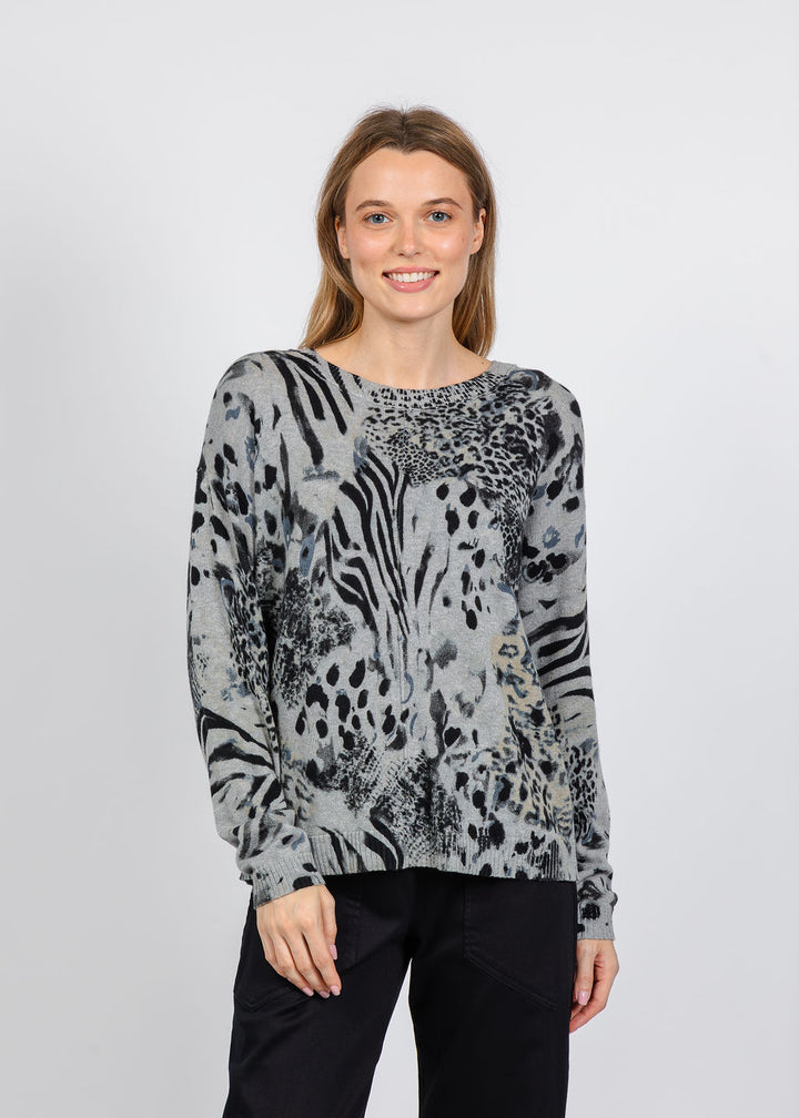 Elliott Lauren Crew Neck Printed Sweater in Grey available at Barbara Katz