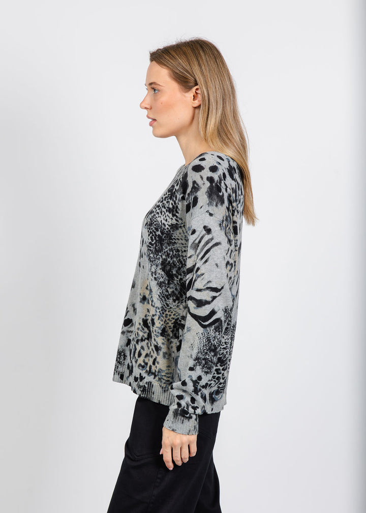 Elliott Lauren Crew Neck Printed Sweater in Grey available at Barbara Katz