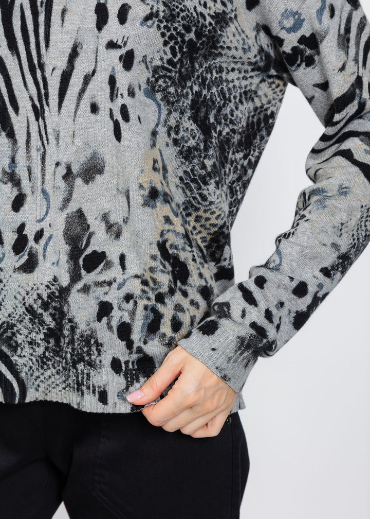 Elliott Lauren Crew Neck Printed Sweater in Grey available at Barbara Katz