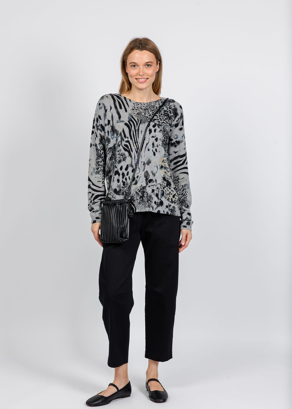 Elliott Lauren Crew Neck Printed Sweater in Grey available at Barbara Katz