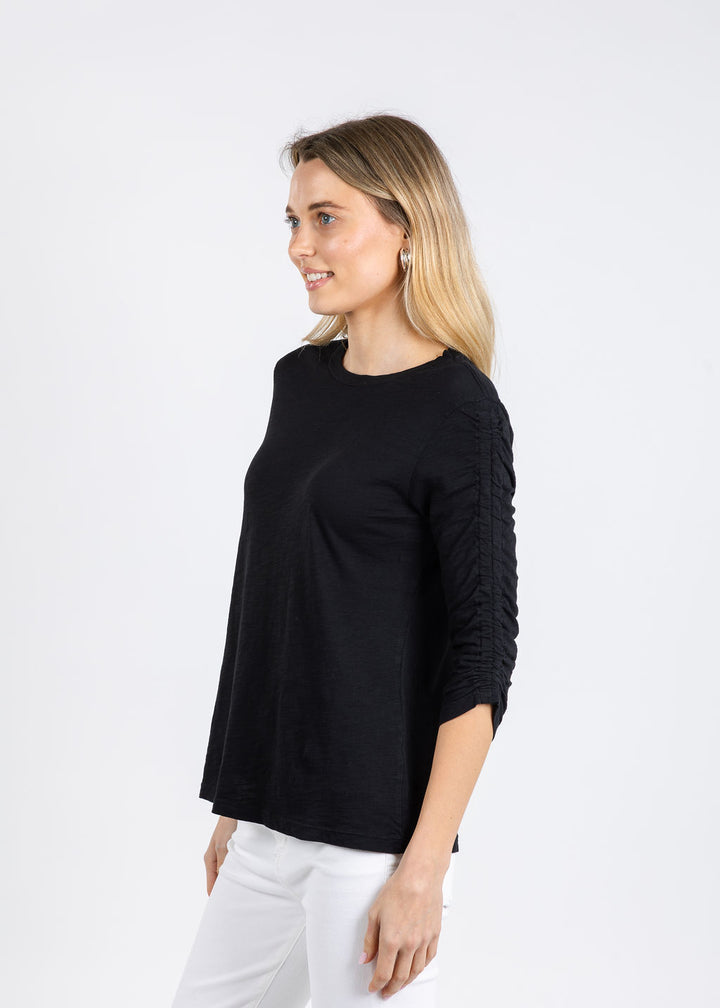 Elliott Lauren Crissy Crew Neck Ruched Sleeve Tee in Black available at Barbara Katz