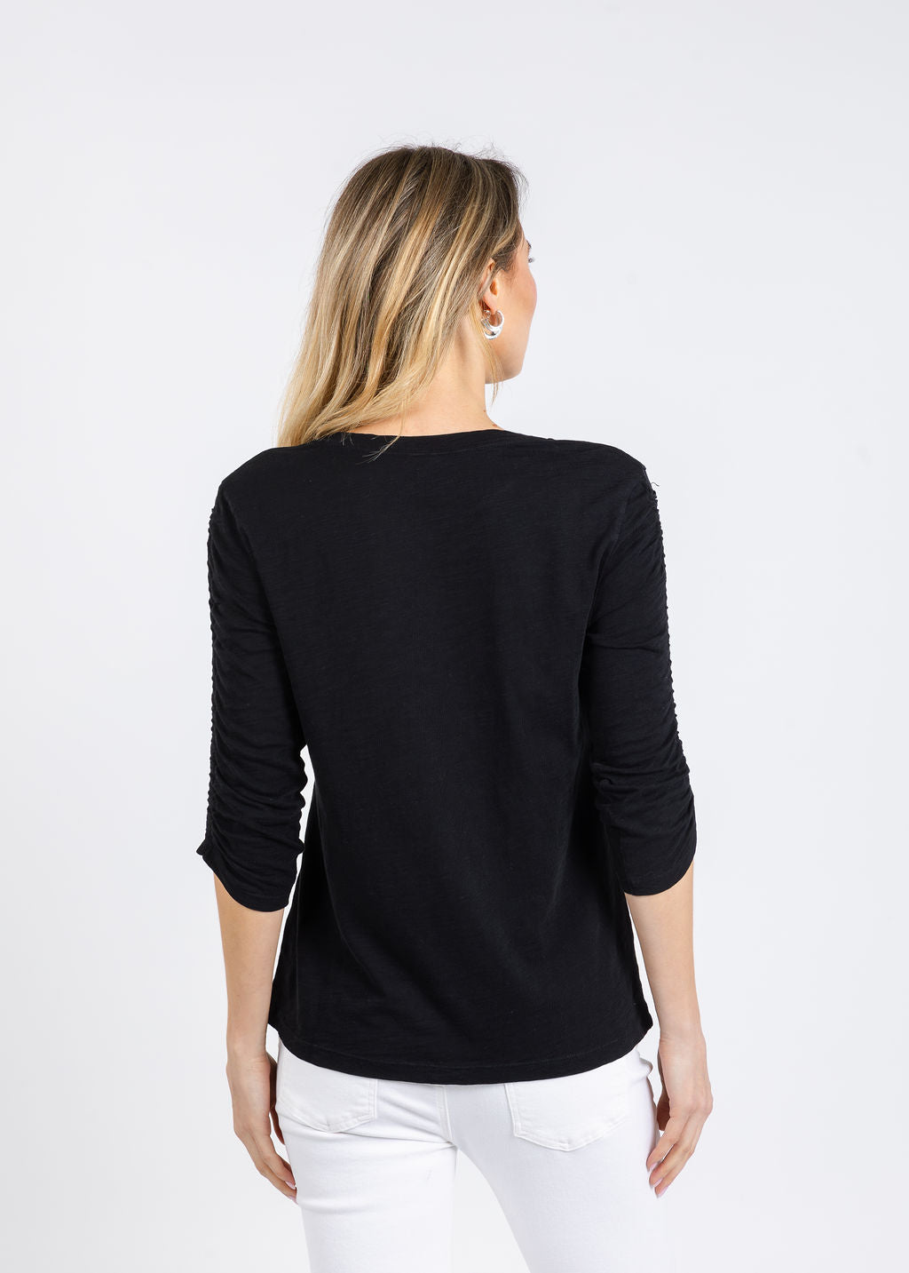 Elliott Lauren Crissy Crew Neck Ruched Sleeve Tee in Black available at Barbara Katz