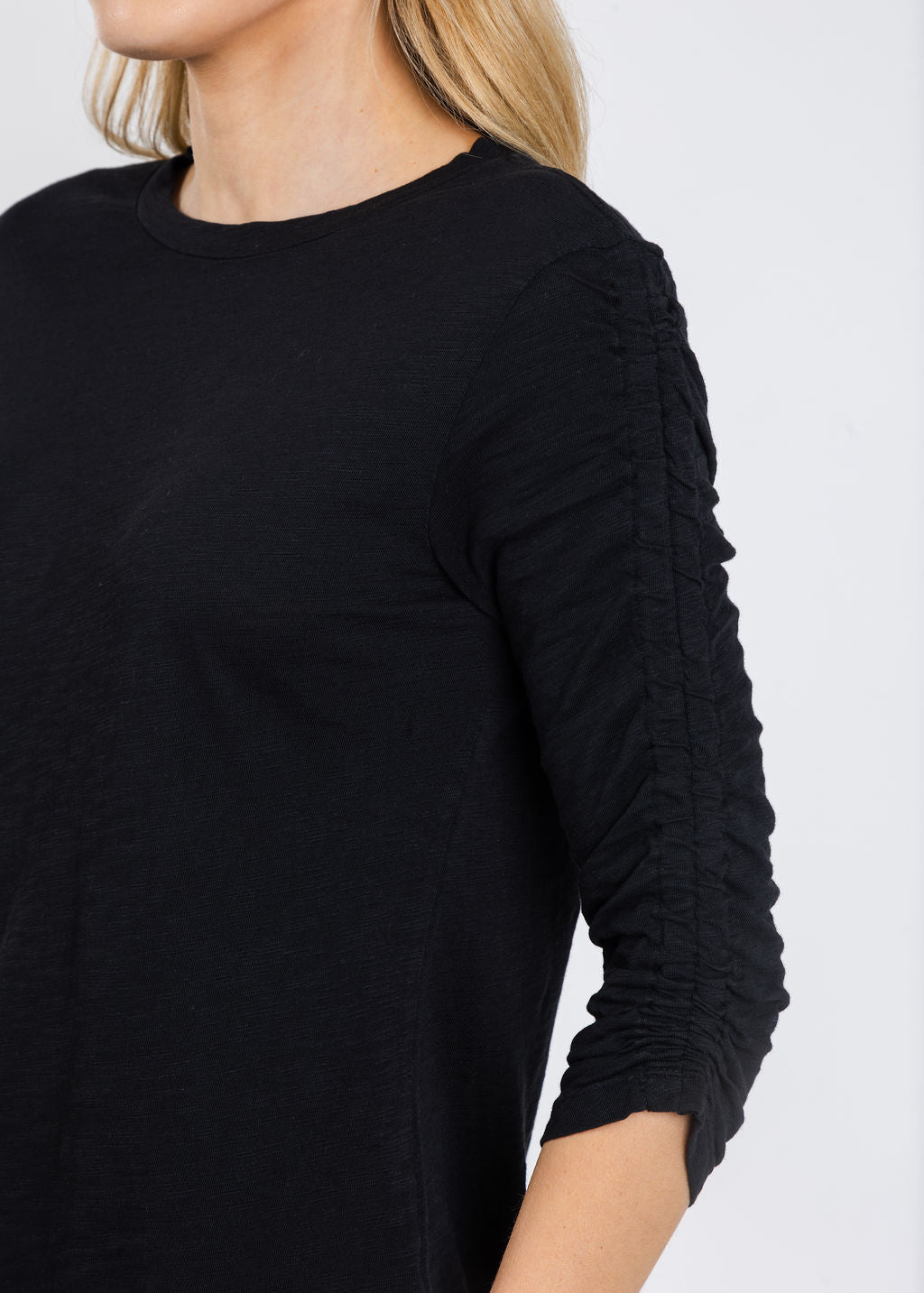 Elliott Lauren Crissy Crew Neck Ruched Sleeve Tee in Black available at Barbara Katz