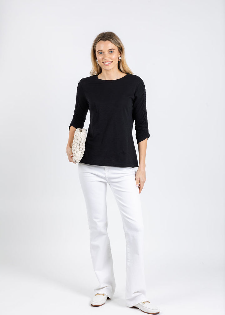 Elliott Lauren Crissy Crew Neck Ruched Sleeve Tee in Black available at Barbara Katz