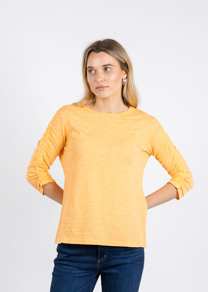 Elliott Lauren Crissy Crew Neck Ruched Sleeve Tee in Creamsicle available at Barbara Katz