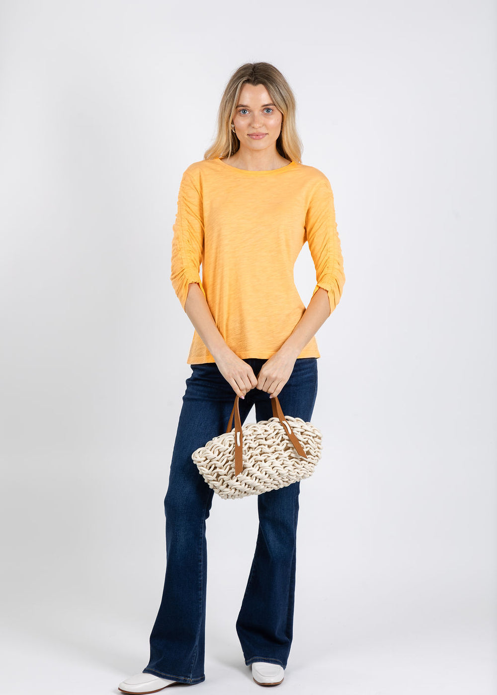 Elliott Lauren Crissy Crew Neck Ruched Sleeve Tee in Creamsicle available at Barbara Katz