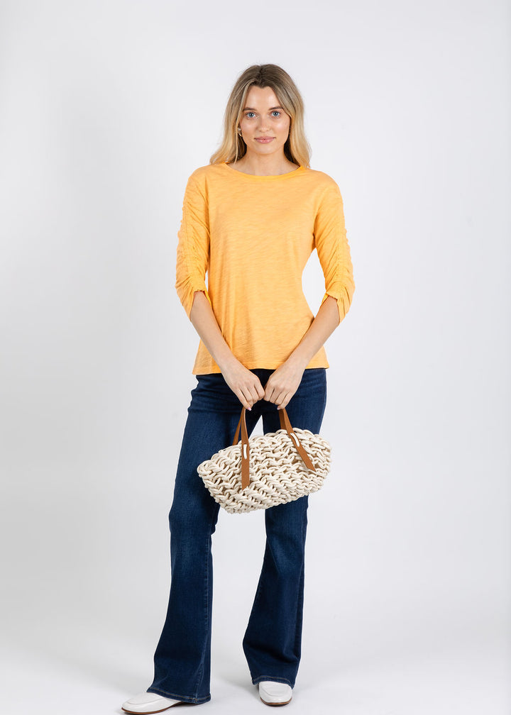 Elliott Lauren Crissy Crew Neck Ruched Sleeve Tee in Creamsicle available at Barbara Katz
