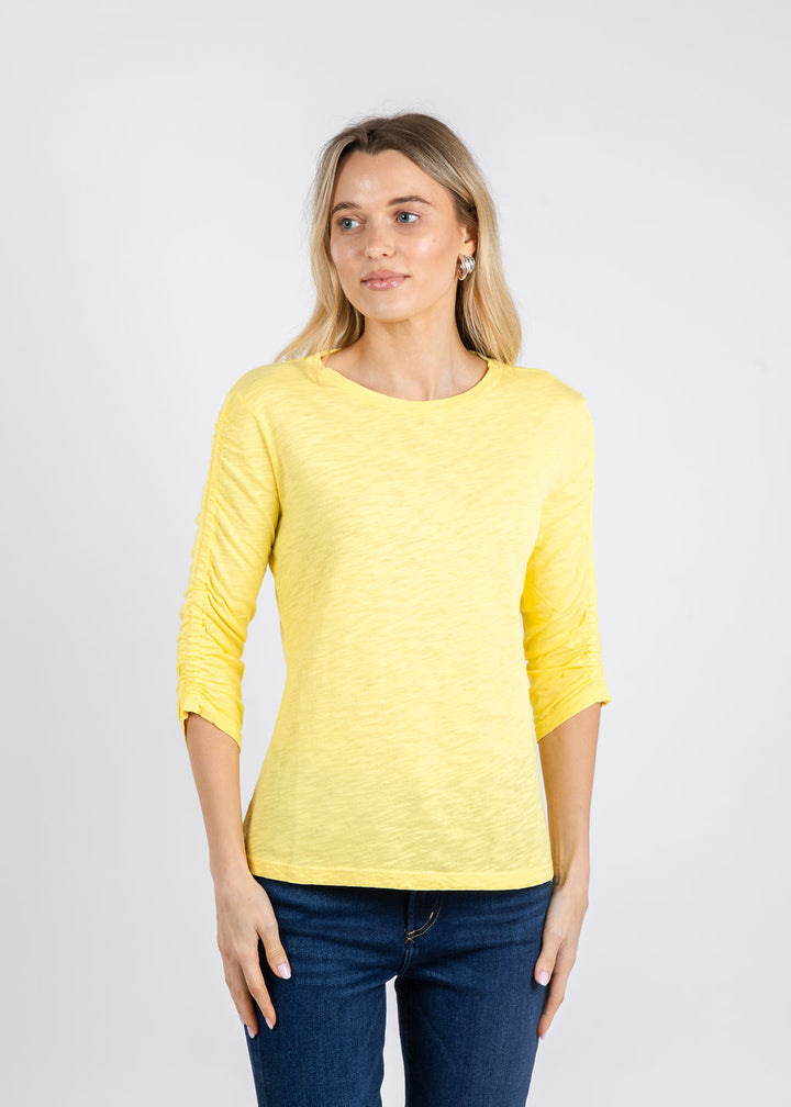 Elliott Lauren Crissy Crew Neck Ruched Sleeve Tee in Daffodil available at Barbara Katz