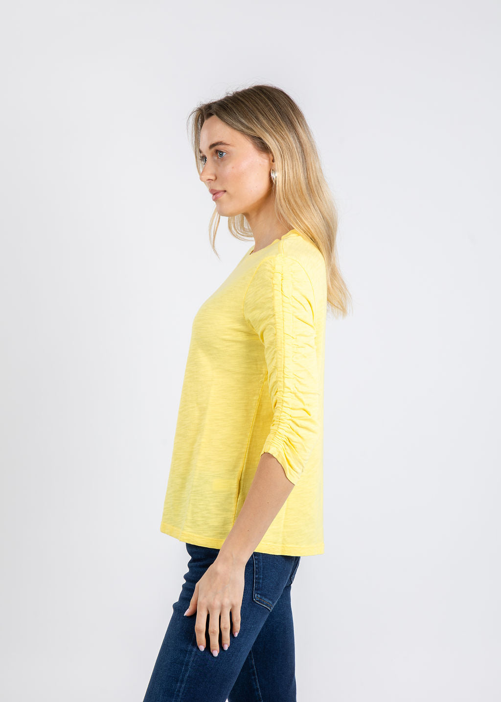 Elliott Lauren Crissy Crew Neck Ruched Sleeve Tee in Daffodil available at Barbara Katz