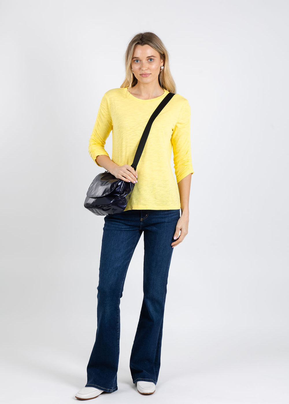 Elliott Lauren Crissy Crew Neck Ruched Sleeve Tee in Daffodil available at Barbara Katz