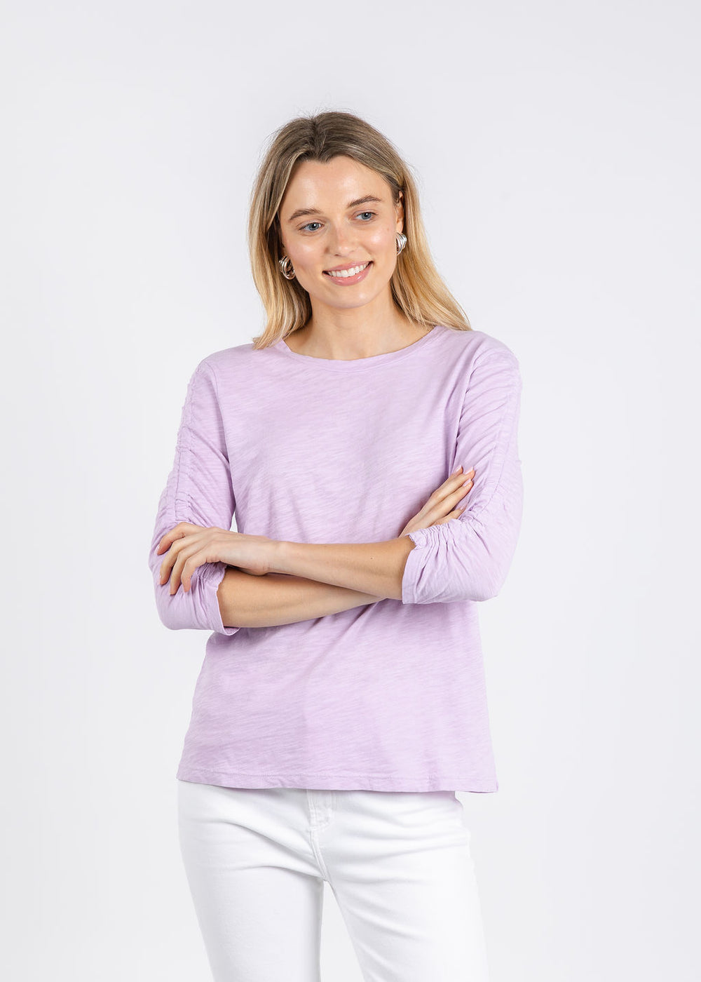 Elliott Lauren Crissy Crew Neck Ruched Sleeve Tee in Lavender available at Barbara Katz