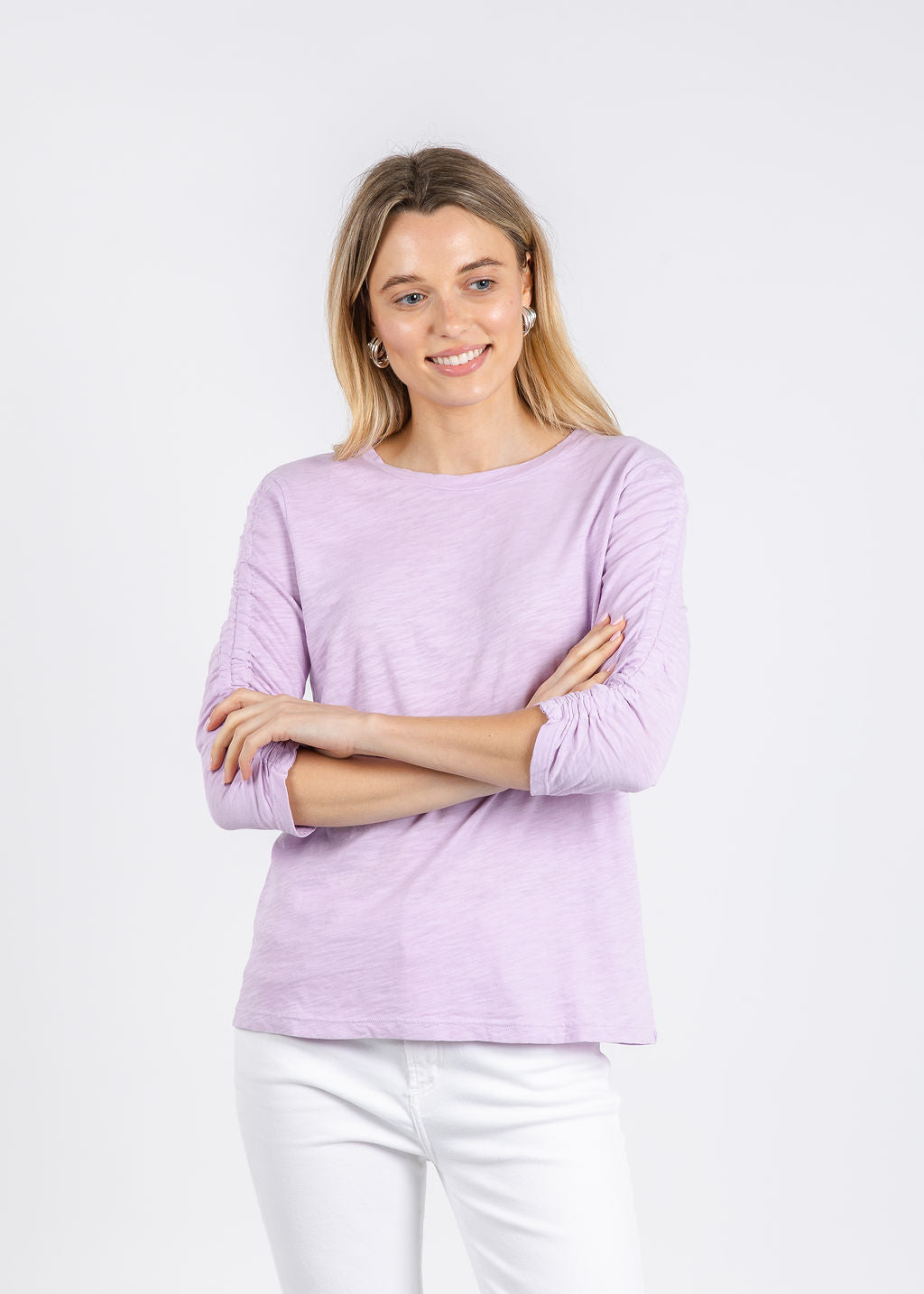 Elliott Lauren Crissy Crew Neck Ruched Sleeve Tee in Lavender available at Barbara Katz