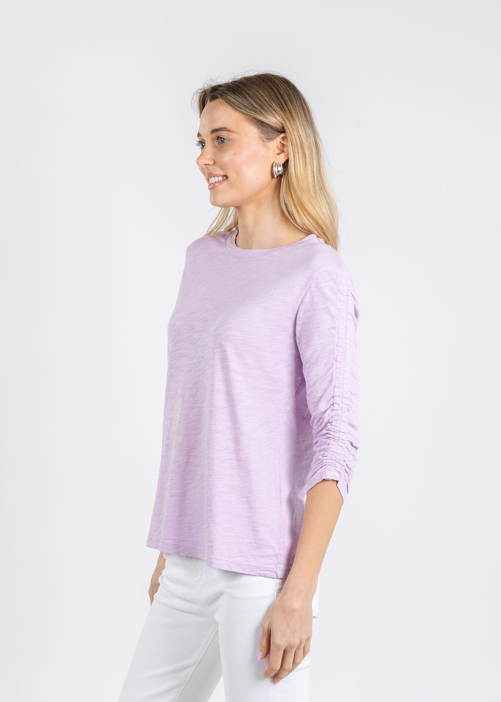 Elliott Lauren Crissy Crew Neck Ruched Sleeve Tee in Lavender available at Barbara Katz