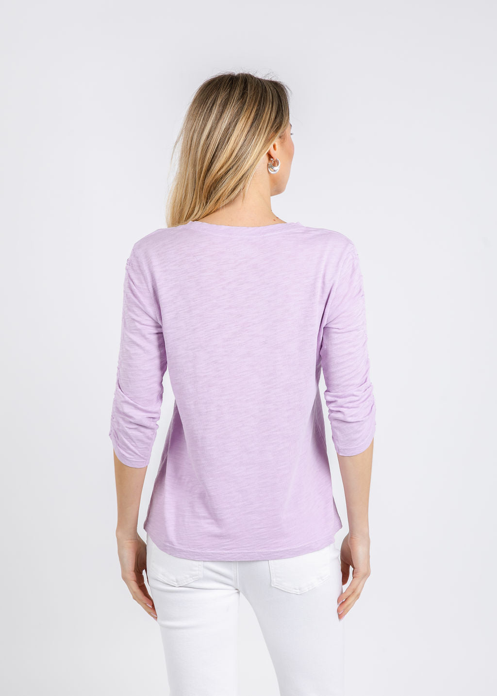 Elliott Lauren Crissy Crew Neck Ruched Sleeve Tee in Lavender available at Barbara Katz