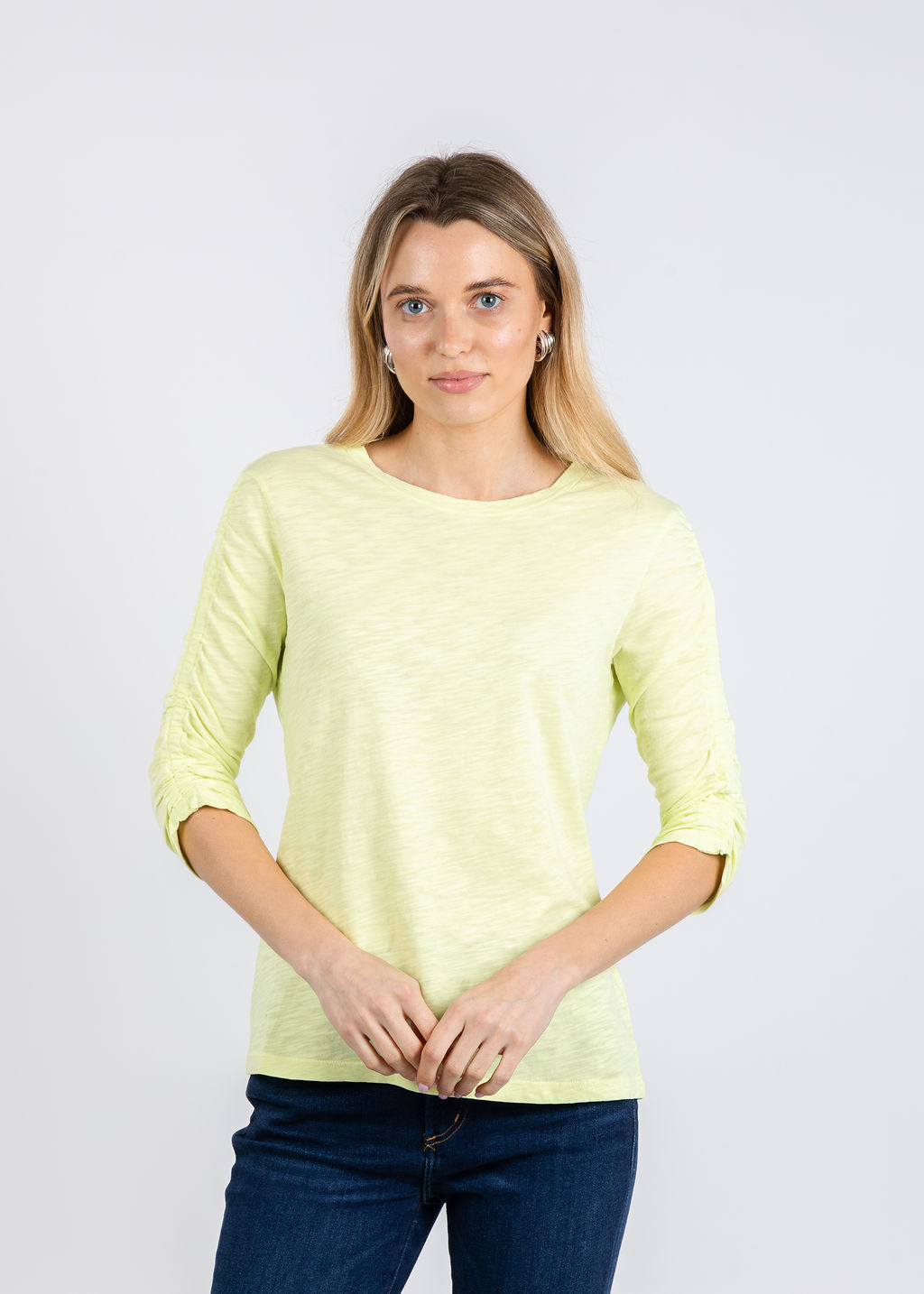Elliott Lauren Crissy Crew Neck Ruched Sleeve Tee in Mojito available at Barbara Katz