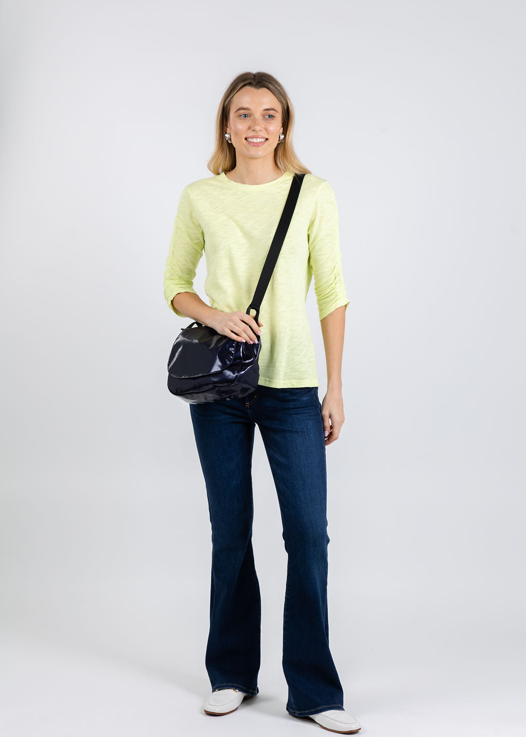 Elliott Lauren Crissy Crew Neck Ruched Sleeve Tee in Mojito available at Barbara Katz