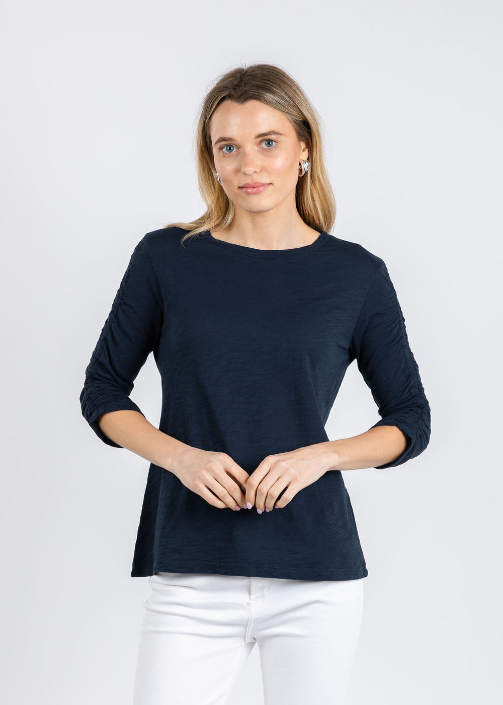 Elliott Lauren Crissy Crew Neck Ruched Sleeve Tee in Navy available at Barbara Katz