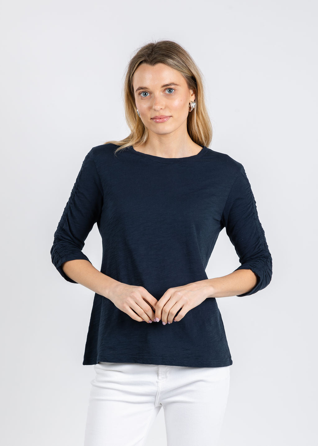 Elliott Lauren Crissy Crew Neck Ruched Sleeve Tee in Navy available at Barbara Katz