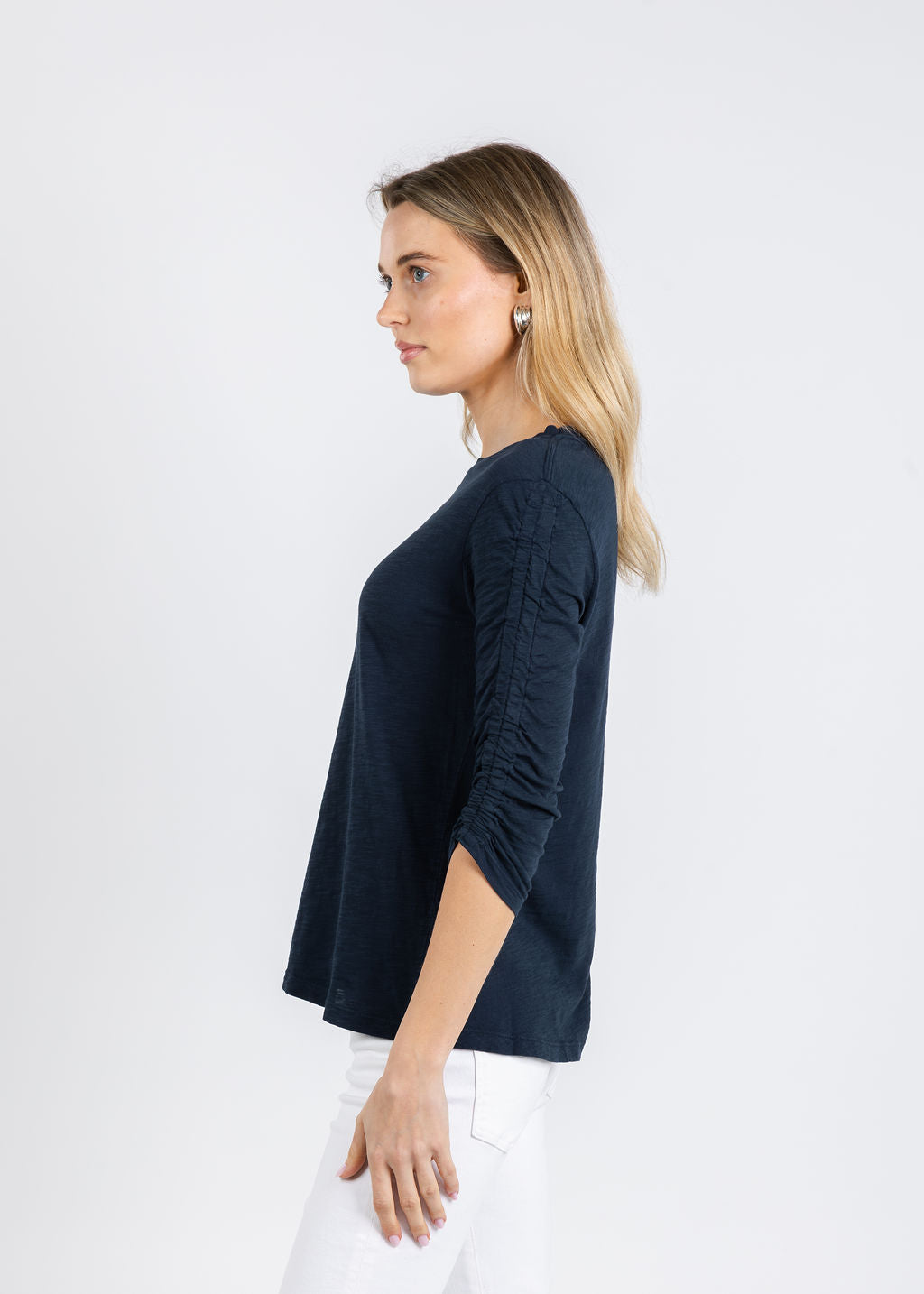 Elliott Lauren Crissy Crew Neck Ruched Sleeve Tee in Navy available at Barbara Katz