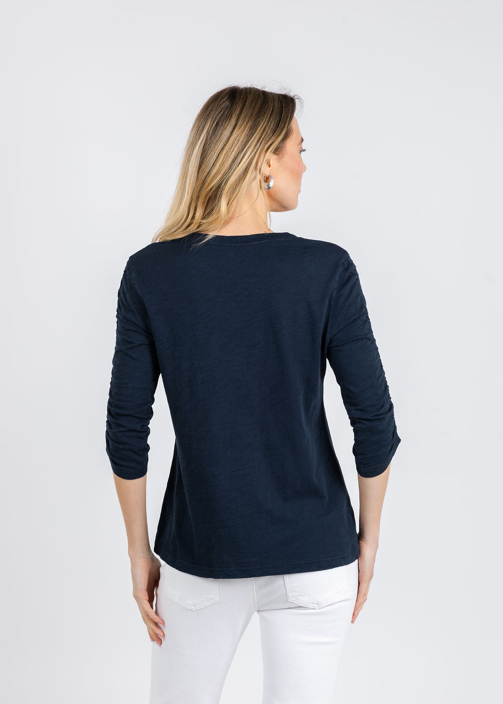 Elliott Lauren Crissy Crew Neck Ruched Sleeve Tee in Navy available at Barbara Katz