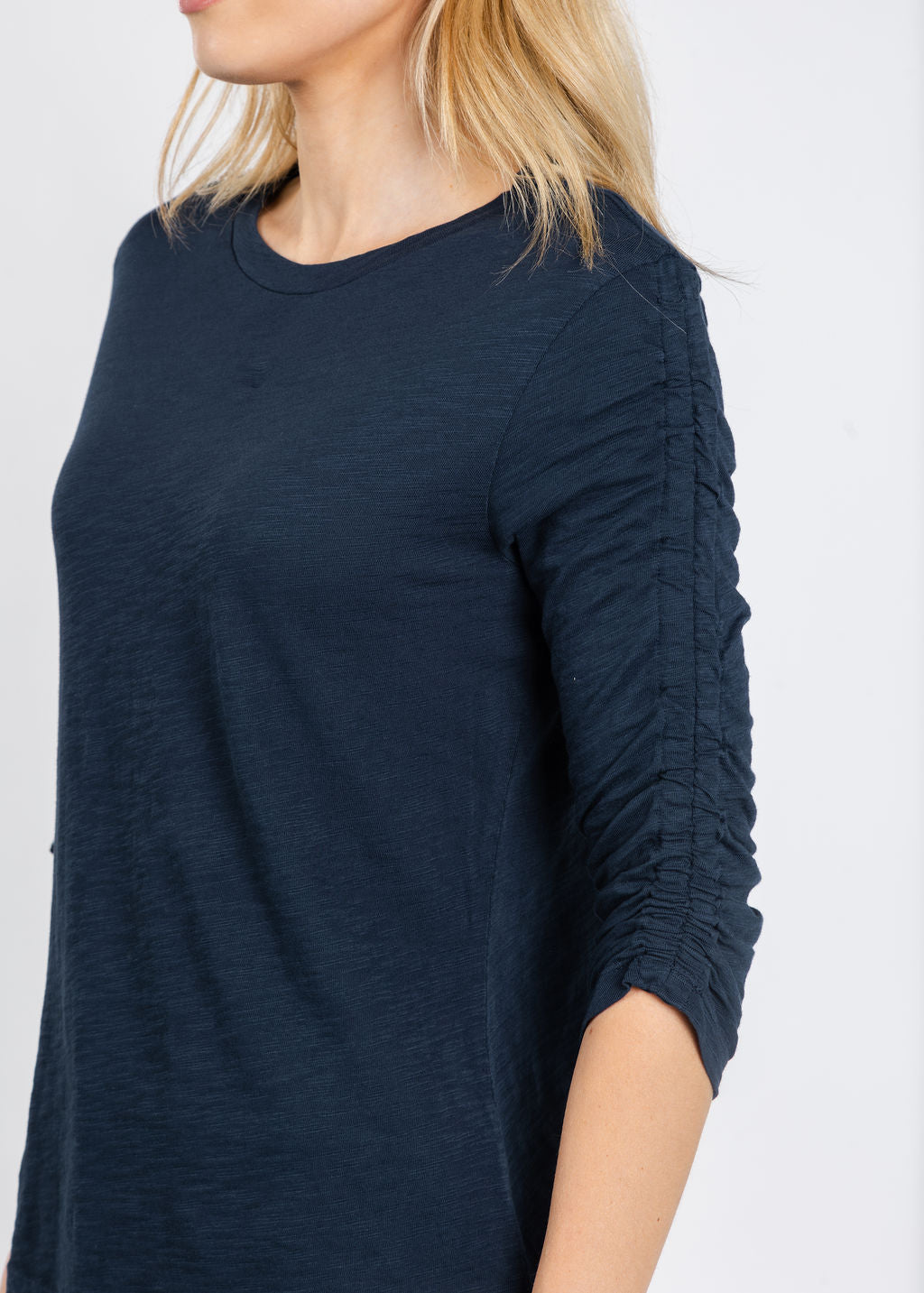 Elliott Lauren Crissy Crew Neck Ruched Sleeve Tee in Navy available at Barbara Katz