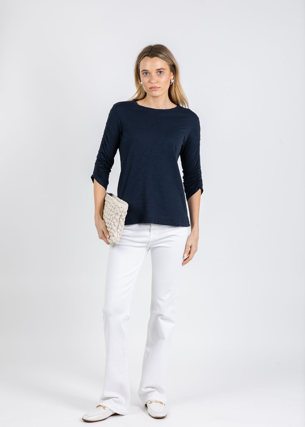 Elliott Lauren Crissy Crew Neck Ruched Sleeve Tee in Navy available at Barbara Katz