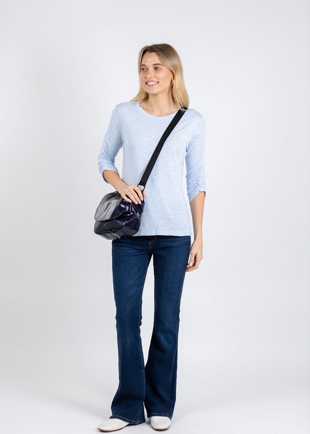 Elliott Lauren Crissy Crew Neck Ruched Sleeve Tee in Sky Blue available at Barbara Katz