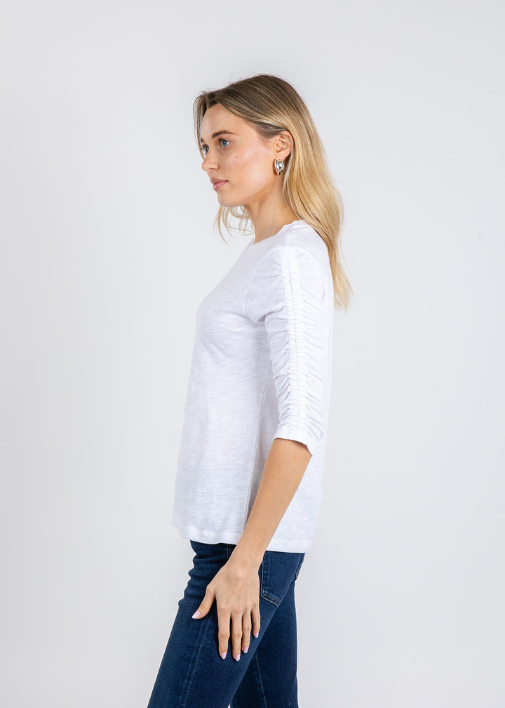 Elliott Lauren Crissy Crew Neck Ruched Sleeve Tee in White available at Barbara Katz
