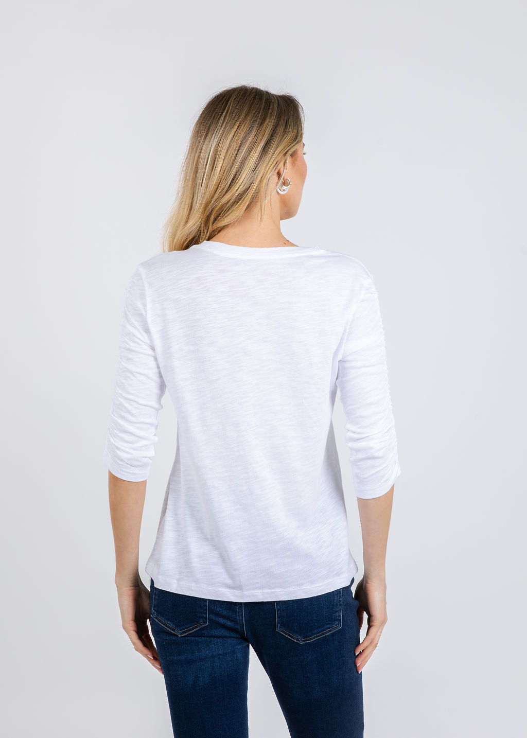 Elliott Lauren Crissy Crew Neck Ruched Sleeve Tee in White available at Barbara Katz