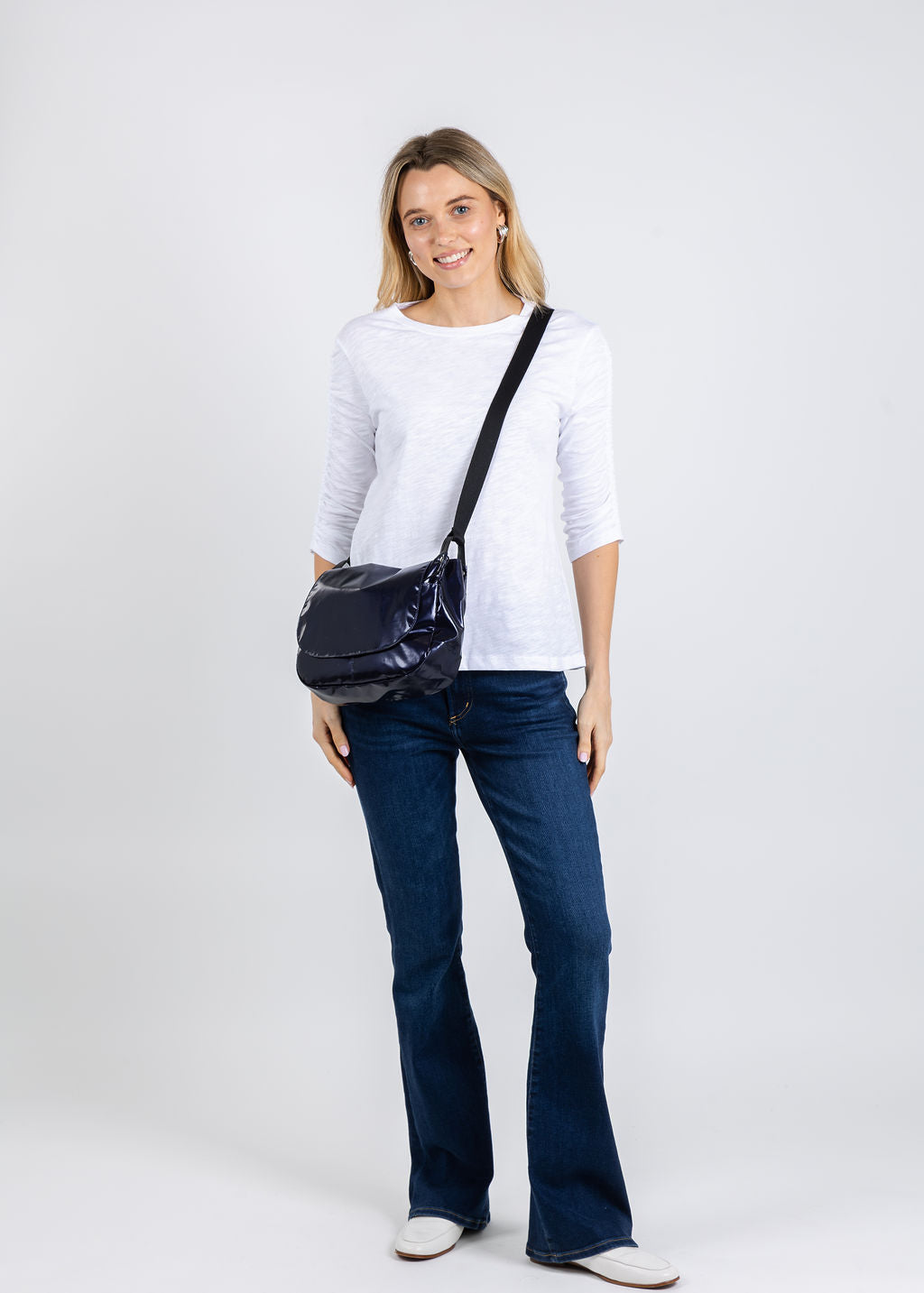 Elliott Lauren Crissy Crew Neck Ruched Sleeve Tee in White available at Barbara Katz