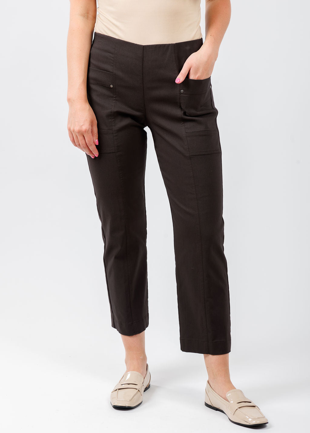 Elliott Lauren Crop Cargo Pants With Rivet Details in Chocolate available at Barbara Katz