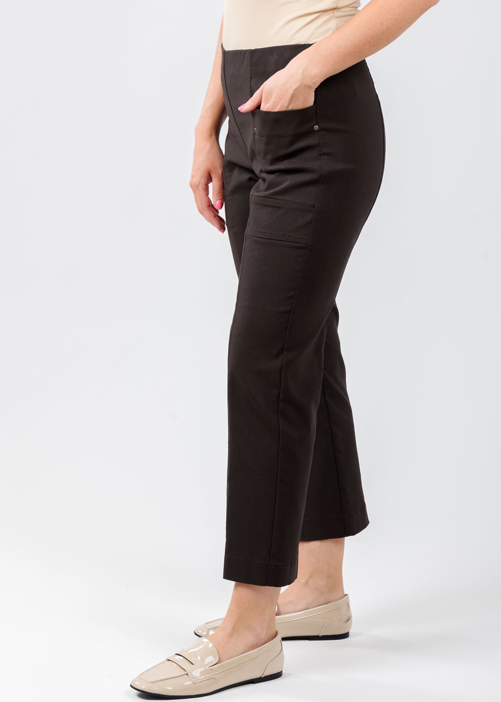 Elliott Lauren Crop Cargo Pants With Rivet Details in Chocolate available at Barbara Katz