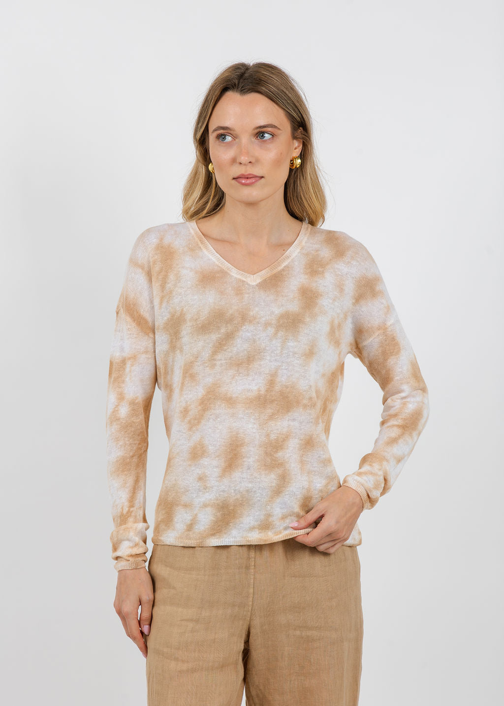 Elliott Lauren Daydreaming Printed V Neck Sweater in Latte available at Barbara Katz