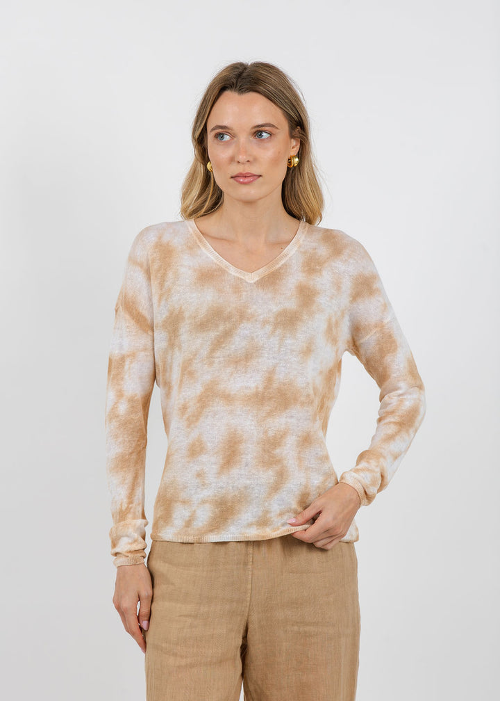 Elliott Lauren Daydreaming Printed V Neck Sweater in Latte available at Barbara Katz