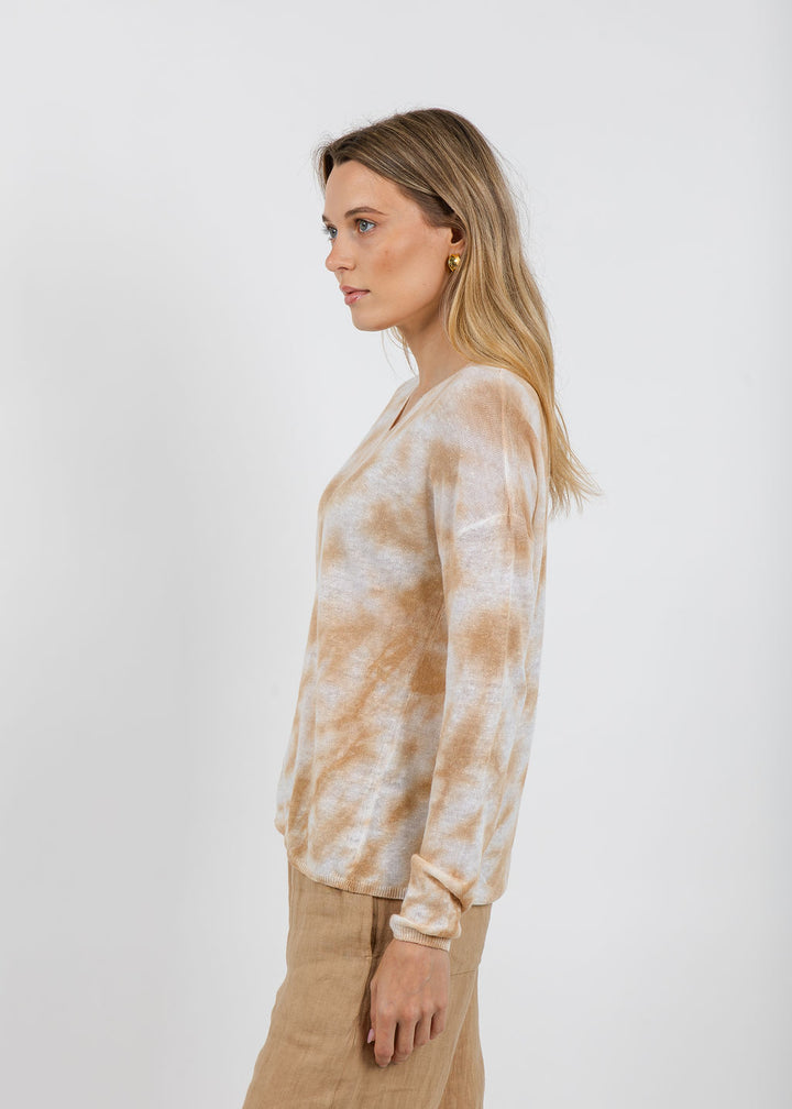 Elliott Lauren Daydreaming Printed V Neck Sweater in Latte available at Barbara Katz