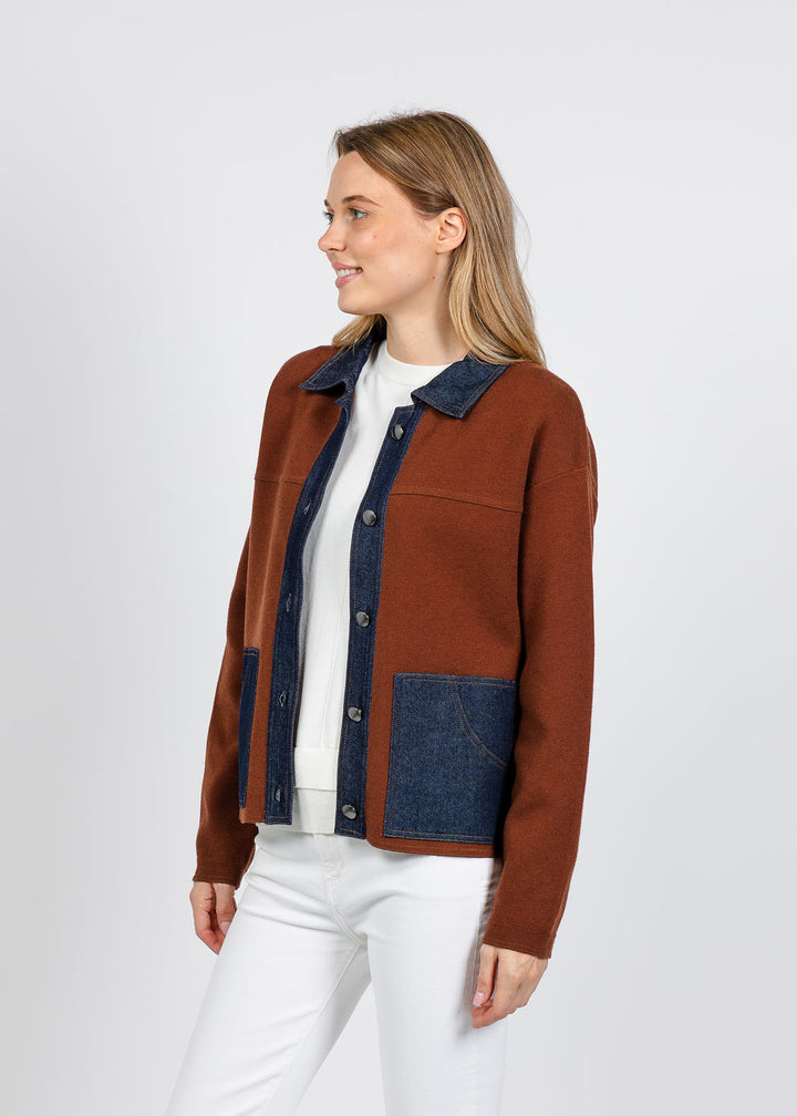 Elliott Lauren Denim Trim Jacket in Chocolate available at Barbara Katz