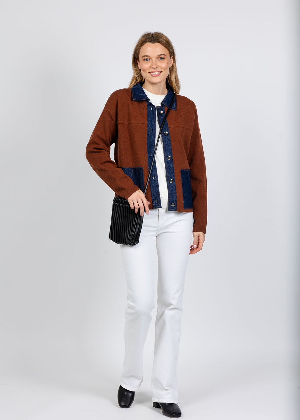 Elliott Lauren Denim Trim Jacket in Chocolate available at Barbara Katz