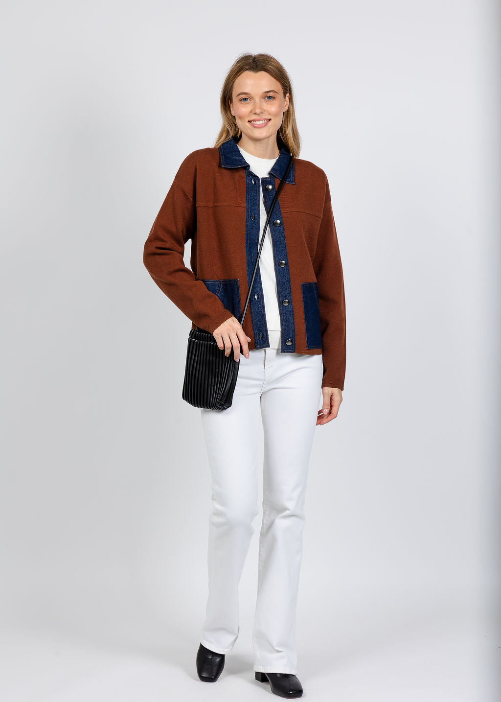 Elliott Lauren Denim Trim Jacket in Chocolate available at Barbara Katz